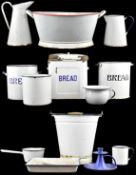 SELECTION OF EARLY TO MID CENTURY KITCHENALIA ENAMEL WARES