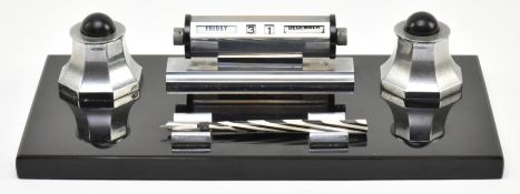 ART DECO MARBLE DESK TOP INKWELL, PEN REST & CALENDAR