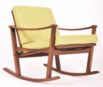 MID CENTURY TEAK & HOPSACK UPHOLSTERED ROCKING CHAIR