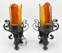 PAIR OF VINTAGE WROUGHT IRON & MURANO STYLE GLASS WALL SCONCES