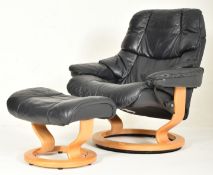 EKORNES - STRESSLESS - 20TH CENTURY BLACK LEATHER & BENTWOOD SWIVEL ARMCHAIR