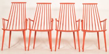 FDB MOBLER - FOUR VINTAGE DANISH DESIGN RED PAINTED STICKBACK ARMCHAIRS