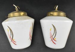 PAIR OF MID CENTURY OPALINE GLASS PENDANT CEILING LIGHTS WITH PAINTED DESIGN