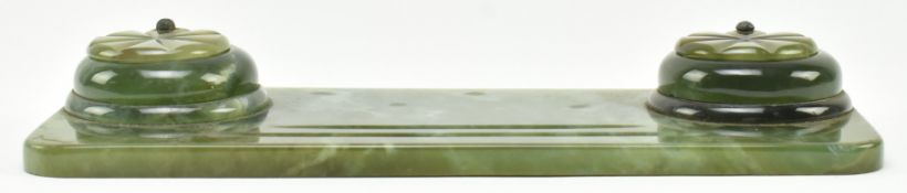 ART DECO 1930S GREEN ONYX DESK TIDY & INKWELLS