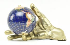 VINTAGE DESKTOP GEMSTONE ROTATING GLOBE IN BRASS HAND