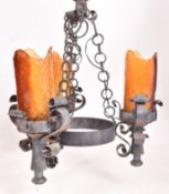 VINTAGE WROUGHT IRON & HAND BLOW GLASS THREE ARM CHANDELIER
