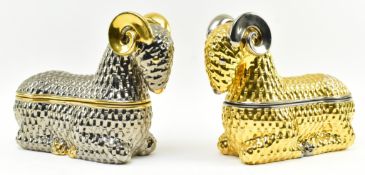 PAIR OF VINTAGE ITALIAN STUDIO POTTERY LIDDED WOVEN RAMS IN GOLD & SILVER