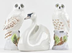 TWO CERAMIC OWL FIGURINES BY LINLEY ADAMS & A COPENHAGEN SWAN