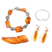 COLLECTION OF AMBER JEWELLERY & WHITE METAL BANGLE