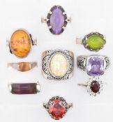 COLLECTION OF SILVER & METAL GEM SET RINGS