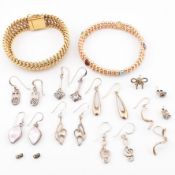 COLLECTION OF SILVER EARRINGS & YELLOW TONE METAL BRACELETS