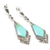 PAIR OF SILVER MARCASITE & SIMULATED TURQUOISE PENDANT EARRINGS