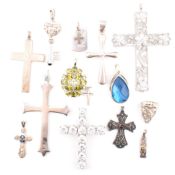 COLLECTION OF SILVER NECKLACE PENDANTS INCLUDING CROSSES