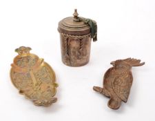 19TH CENTURY BRASS PARROT FORM DISH W/ EASTERN TEA CADDY