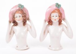 TWO ART DECO PORCELAIN PIN CUSHION LADIES