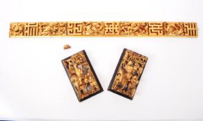 THREE EARLY 20TH CENTURY HAND CARVED GILT CHINESE WOODEN PANELS