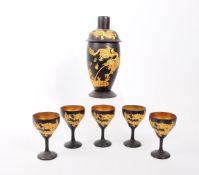 GILT & BLACK WOODEN CHINESE DECANTER WITH CUPS
