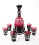 ART DECO AMETHYST SILVER OVERLAY GLASS DECANTER W/ GLASSES