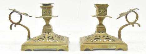 PAIR OF 19TH CENTURY GOTHIC STYLE FRENCH BRASS CHAMBERSTICKS