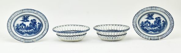 CAUGHLEY - FOUR LATE 18TH CENTURY BLUE AND WHITE LATTICE DISHES