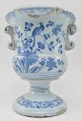 18TH CENTURY BLUE & WHITE TIN GLAZED CAMPANA TWIN HANDLED URN