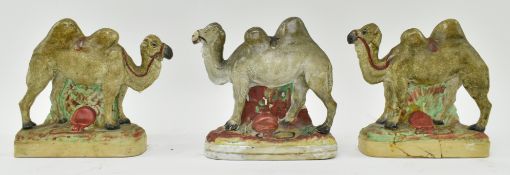 THREE 19TH CENTURY STAFFORDSHIRE FLATBACK CERAMIC CAMELS