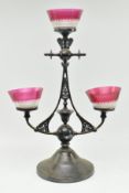 ART NOUVEAU SILVER PLATE & CRANBERRY GLASS CENTREPIECE EPERGNE
