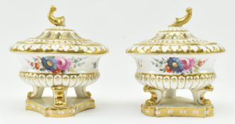 PAIR OF EARLY 19TH CENTURY PORCELAIN SMALL POT POURRI POTS ON STANDS