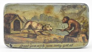 19TH CENTURY PAPIER MACHE SNUFF BOX WITH SCENE OF MONKEY AND A DOG