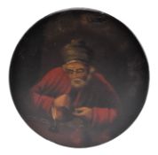 19TH CENTURY PAPIER MACHE 'MISER' AFTER SCHOOL OF REMBRANDT SNUFF BOX