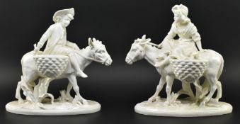 PAIR OF VICTORIAN MOORE BROS WHITE GLAZED CERAMIC FIGURES ON DONKEYS