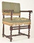 CROMWELLIAN 19TH CENTURY CARVED OAK BARLEY TWIST ARMCHAIR