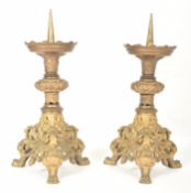 PAIR FRENCH 19TH CENTURY BRASS CHURCH CANDLESTICK PRICKETS
