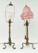 MANNER OF W. A. BENSON - PAIR OF ARTS & CRAFTS BRASS & MILK GLASS COACH LAMPS