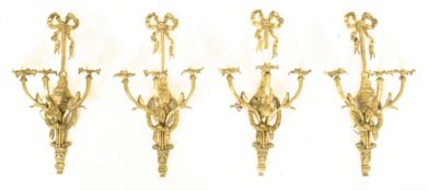 FOUR FRENCH LOUIS XVI STYLE GILT METAL THREE ARM WALL SCONCES LIGHTS