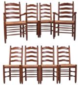 SET OF EIGHT OAK & RUSH SEATED NORTH COUNTRY DINING CHAIRS