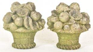 PAIR OF EARLY 20TH CENTURY COMPOSITE STONE FRUIT BOUQUET GARDEN SCULPTURES