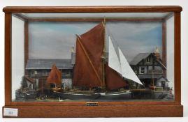 20TH CENTURY HAND BUILT MODEL BOAT DIORAMA IN MAHOGANY & GLASS CASE