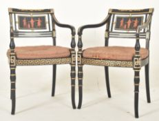 PAIR OF REGENCY STYLE EBONISED & GILT WOOD OPEN BACK ARMCHAIRS