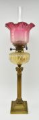 VICTORIAN 19TH CENTURY CRANBERRY GLASS CORINTHIAN COLUMN OIL LAMP