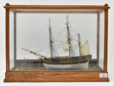 20TH CENTURY HAND-BUILT MODEL BOAT DIORAMA IN OAK & GLASS CASE