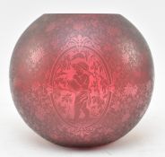 19TH CENTURY CRANBERRY / RUBY RED GLASS ACID-ETCHED OIL LAMP SHADE