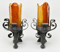 PAIR OF VINTAGE WROUGHT IRON & MURANO STYLE GLASS WALL SCONCES
