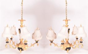 PAIR OF FRENCH EMPIRE INSPIRED VINTAGE GILT & BLACK PAINTED FIVE ARM CHANDELIERS