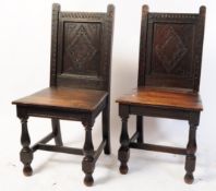 PAIR 18TH CENTURY CARVED OAK JACOBEAN REVIVAL HALL CHAIRS