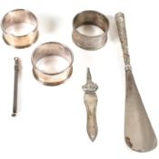 HALLMARKED SILVER COCKTAIL TWIZZLER, PAGE TURNER & NAPKIN RINGS