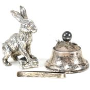 HALLMARKED SILVER PIN CUSHION, SILVER TIE CLIP T/W SILVER PLATED HARE FIGURINE