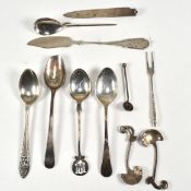 COLLECTION OF HALLMARKED SILVER FLATWARES - SPOONS, FORKS, CONDIMENTS, ROMAN SPOON