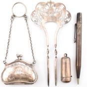 HALLMARKED SILVER PURSE, PICK CASE, HAIR PIN & PENCIL