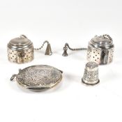 SILVER ROUNDEL VESTA CASE T/W SILVER THIMBLE & TEAPOT STRAINERS